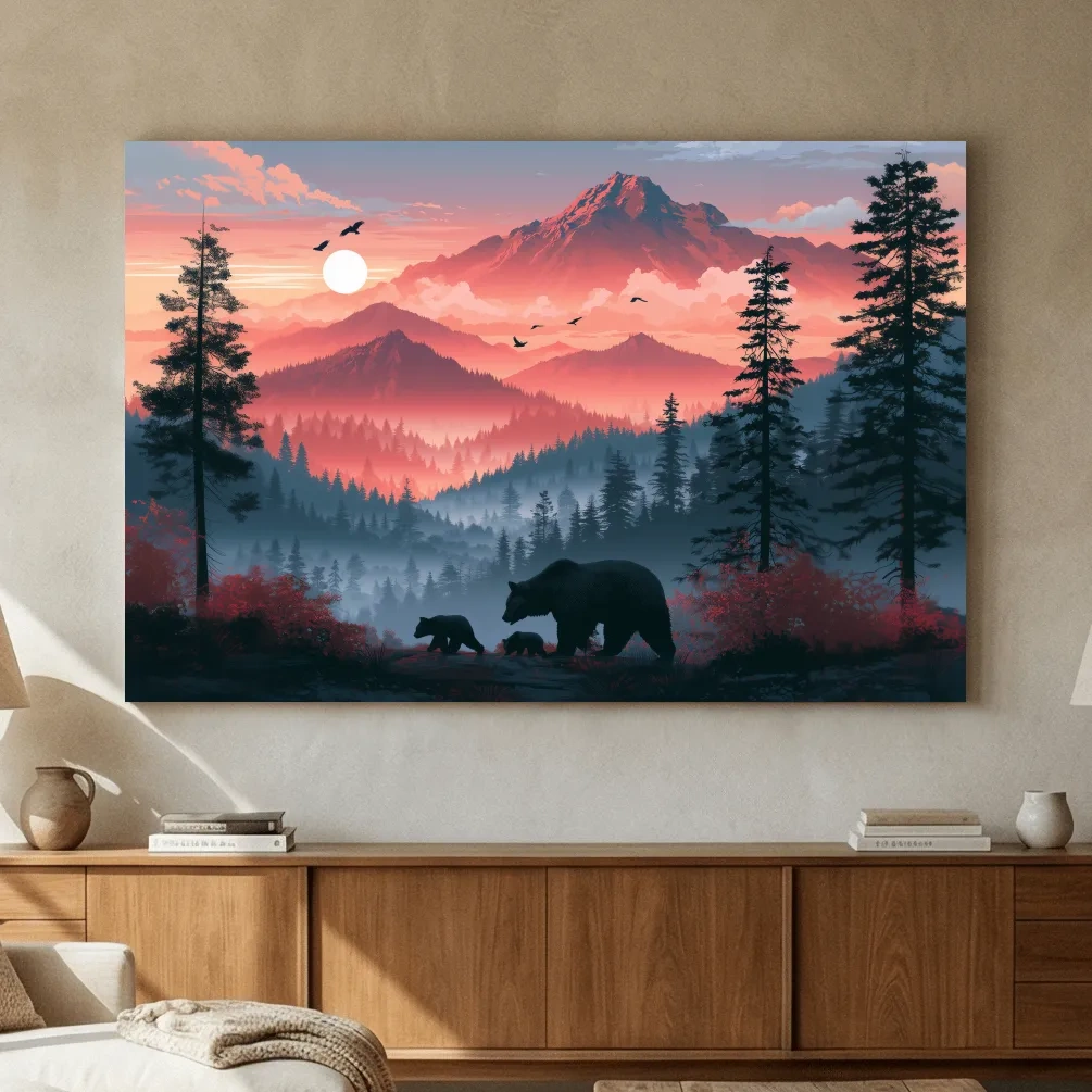 Sunset Mama Bear & Cubs Silhouette - Forest Wildlife Wall Art