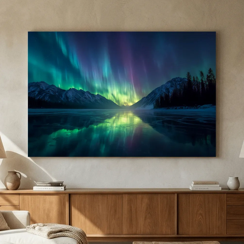 Vibrant Northern Lights Over Icy Mountain Lake - Aurora Borealis Wall Art