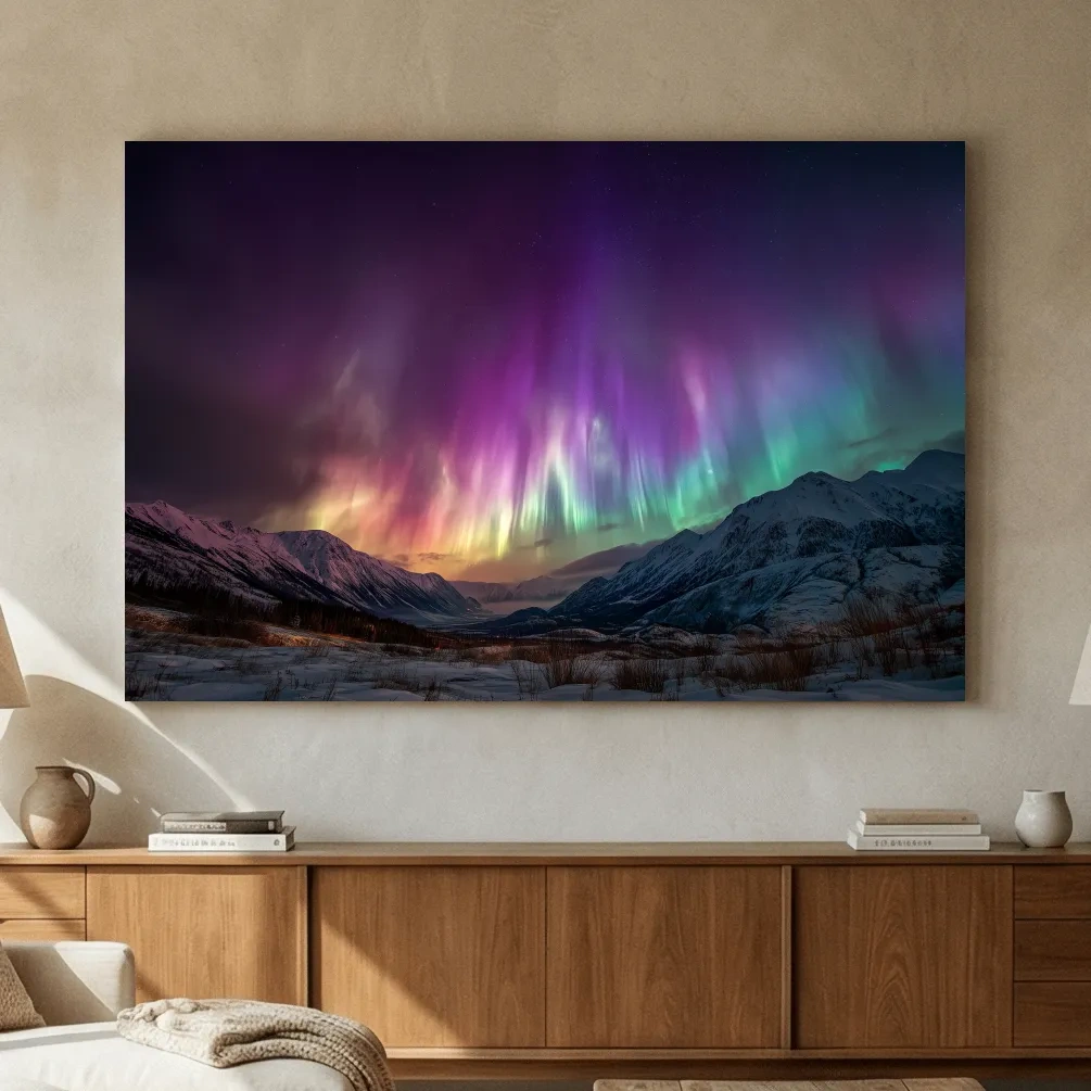 Vibrant Aurora Borealis Over Snowy Mountains - Northern Lights Night Sky Wall Art