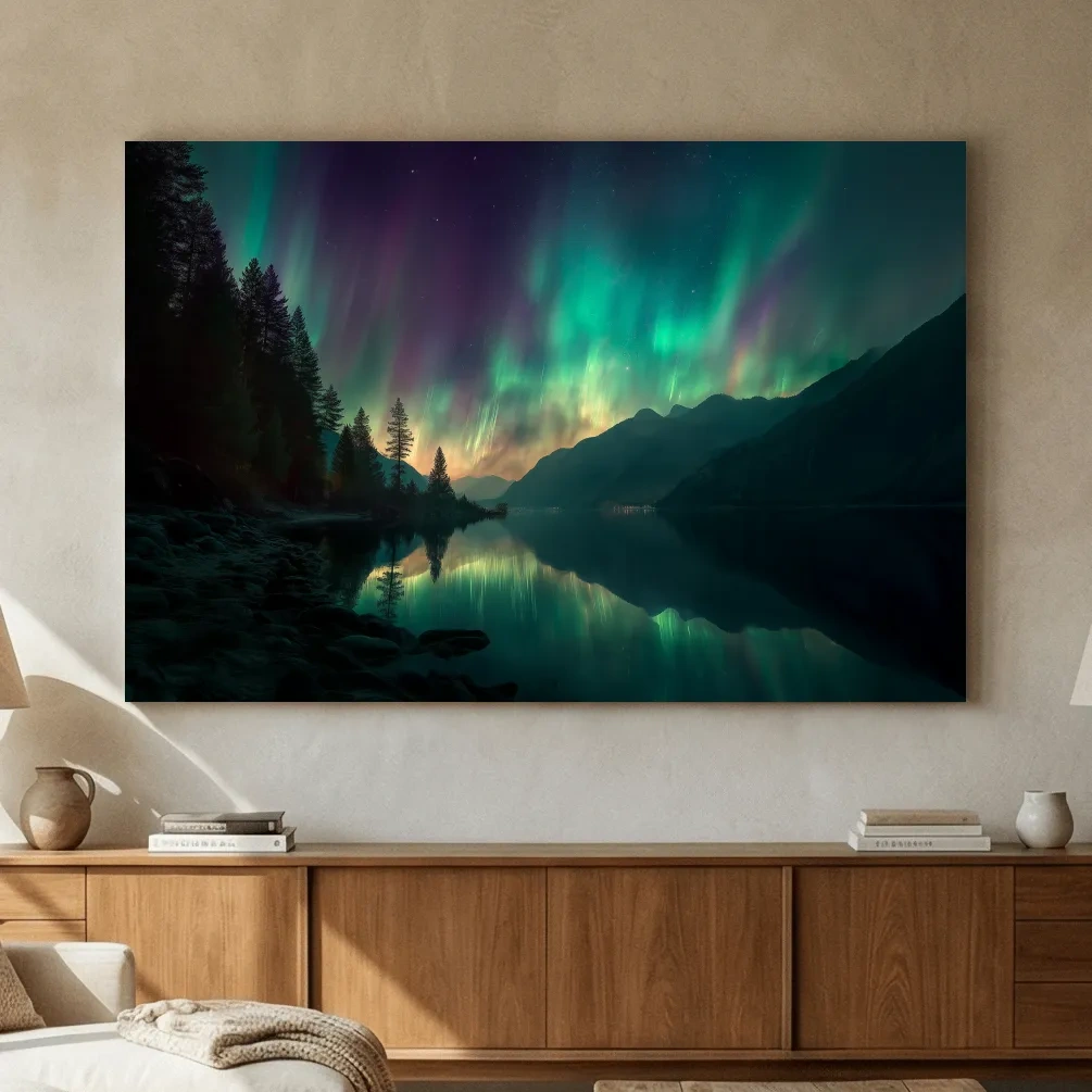Vibrant Northern Lights Lake Reflection - Aurora Borealis Mountain Wall Art