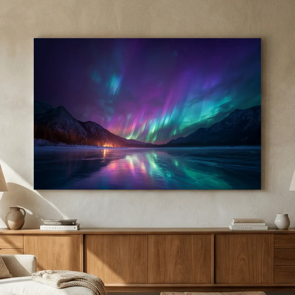 Vibrant Aurora Borealis Over Frozen Lake - Northern Lights Mountain Wall Art