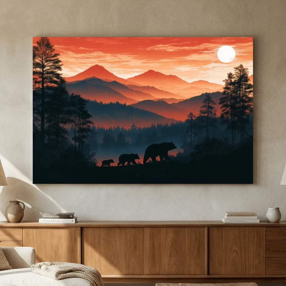 Mountain Sunset Bear Family Silhouettes - Wilderness Landscape Artwork