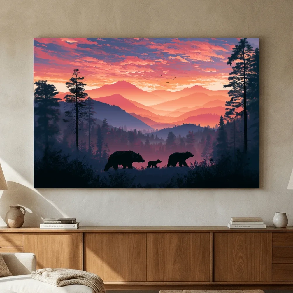 Moody Sunset Mountain Bear Family Silhouettes - Wildlife Wall Art