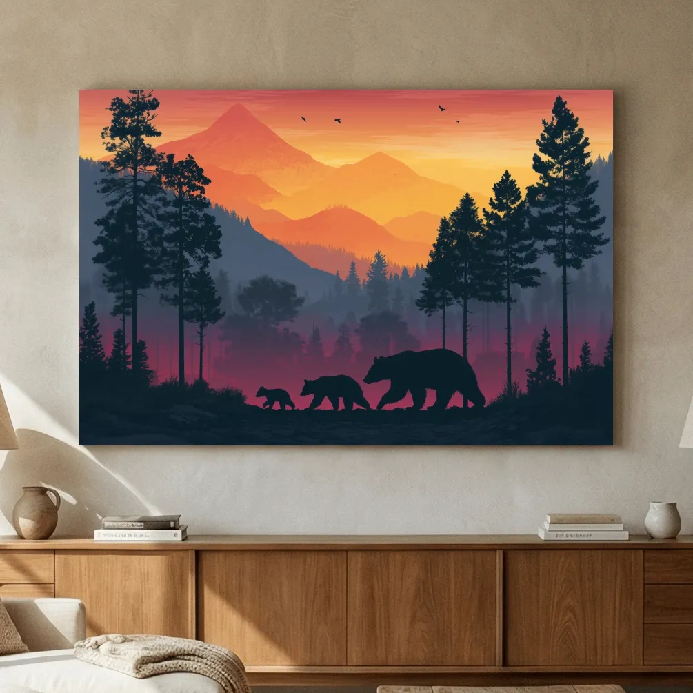 Sunset Momma Bear & Cubs Silhouette - Forest Wildlife Wall Art