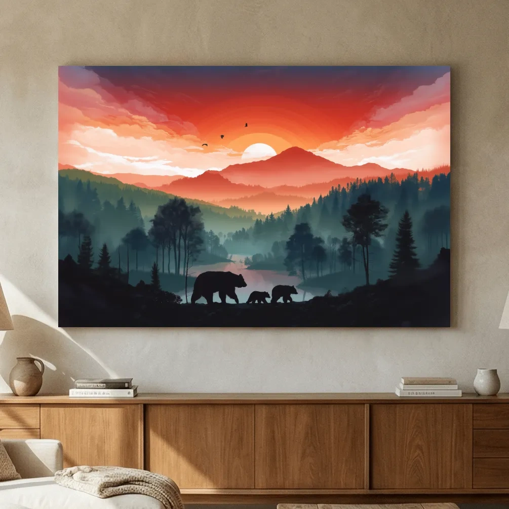 Sunset Bear Family Silhouette Landscape - Misty Mountain Forest Wall Art