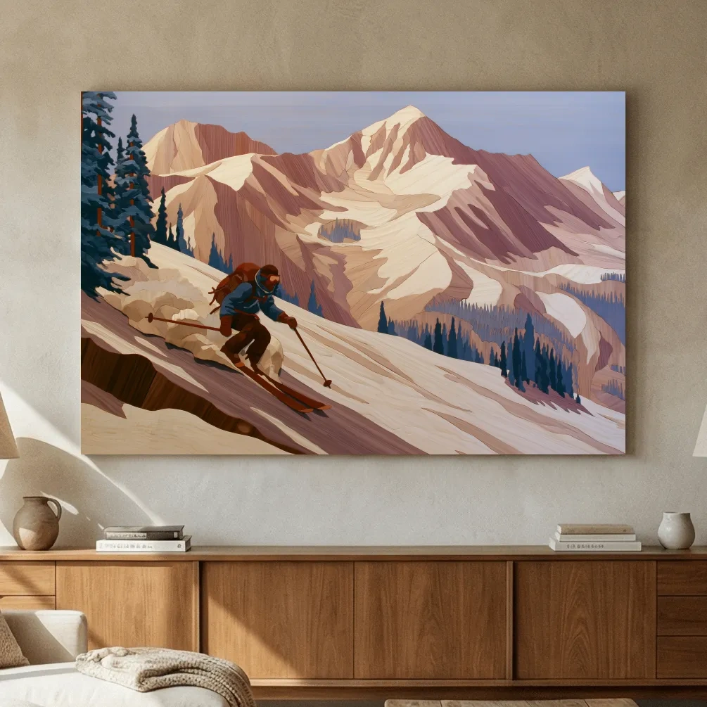 Backcountry Skier Descending Snowy Alpine Peaks - Modern Outdoor Adventure Wall Art