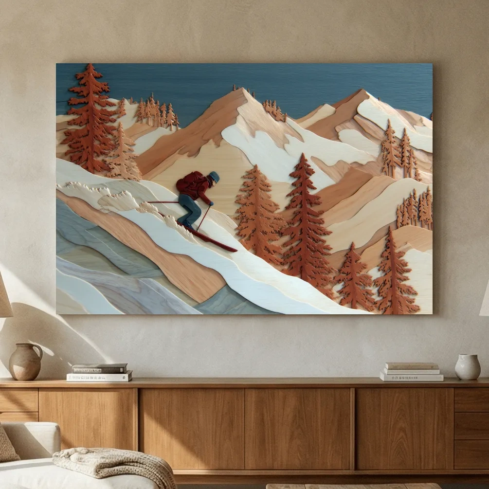 Wood Intarsia Style Skier Mountain Scene - Winter Alpine Wall Art