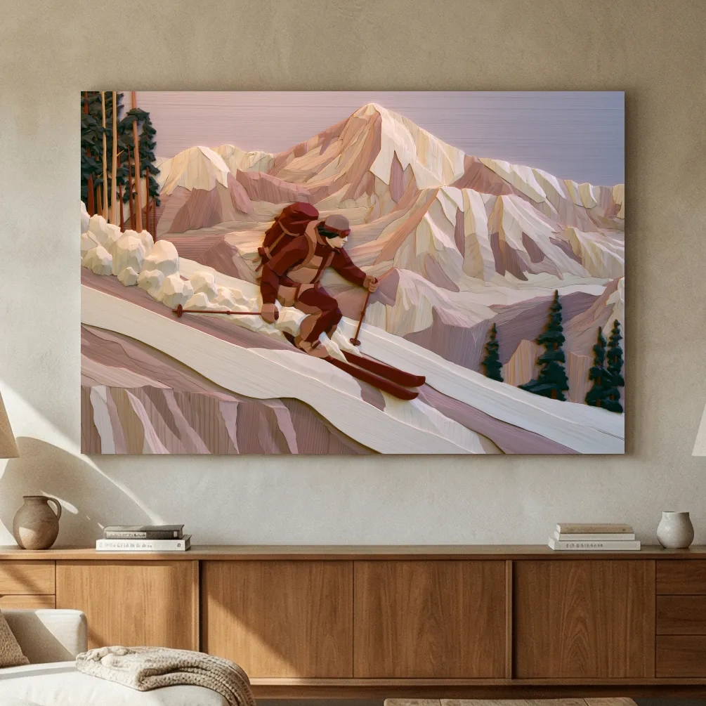 Geometric Backcountry Skier In Alpine Peaks - Winter Mountain Adventure Wall Art