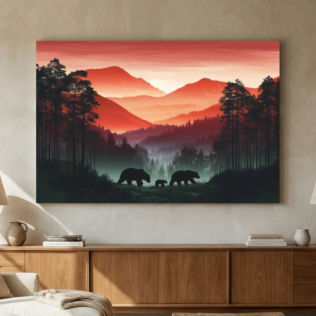 Moody Sunset Mountain Bear Family Silhouettes - Misty Forest Wildlife Wall Art