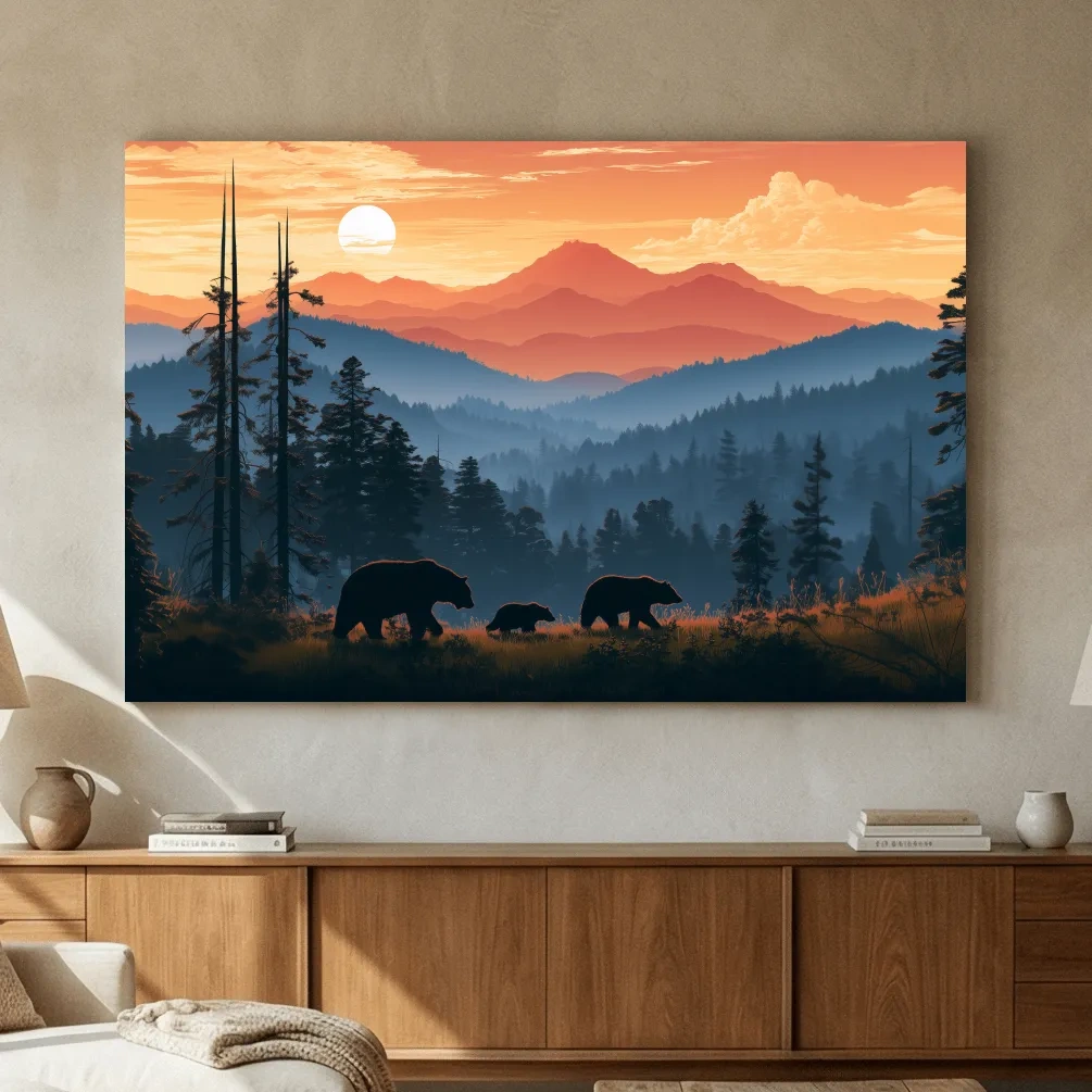Bear Family Silhouettes - Mountain Sunset Wildlife Wall Art