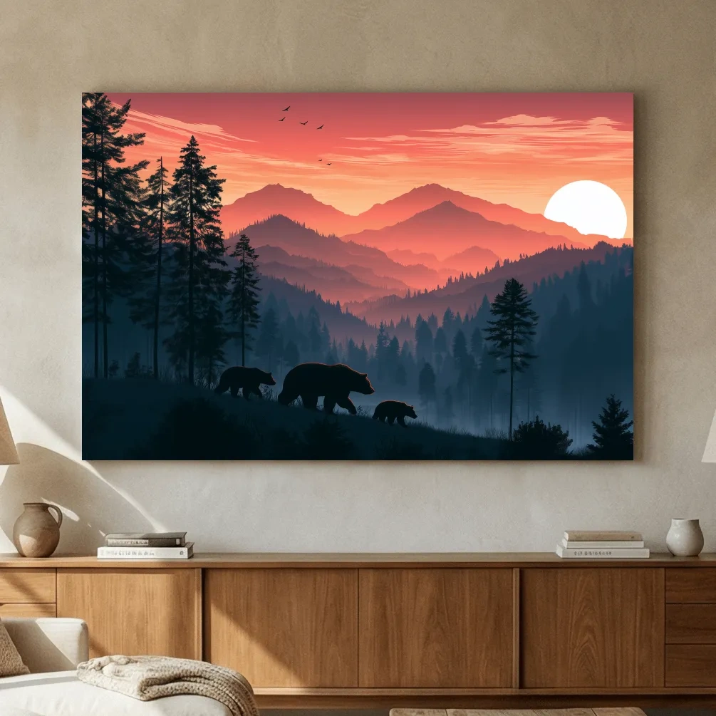 Bear Family Silhouette Mountain Sunset - Wildlife Landscape Wall Art