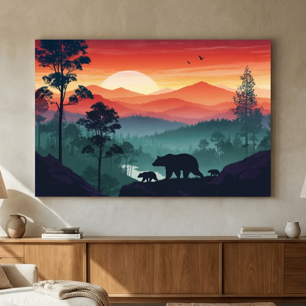 Sunset Mama Bear & Cubs Silhouette - Misty Forest Landscape Artwork
