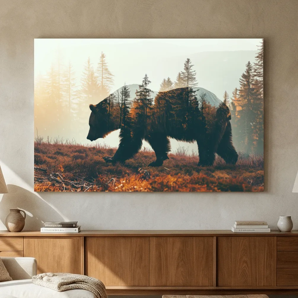 Double Exposure Grizzly Bear Forest - Misty Mountain Wildlife Photographic Artwork