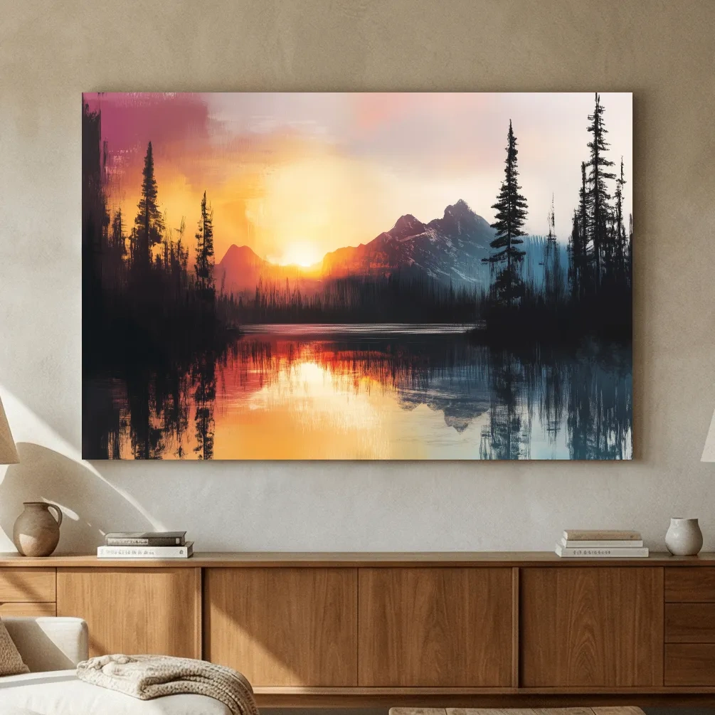 Sunset Mountain Lake Reflection Painting - Dramatic Pine Forest Landscape Wall Art