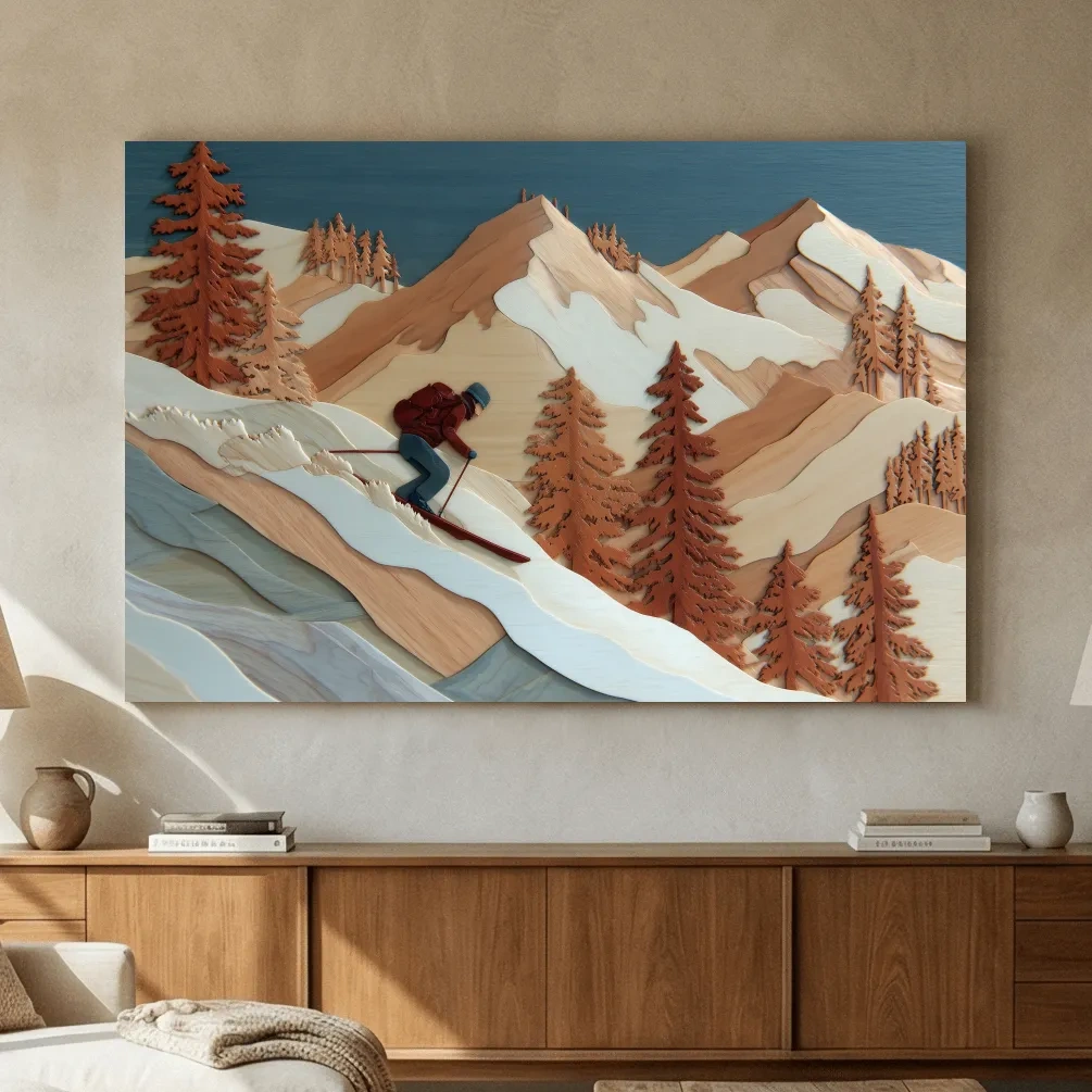 Wood Intarsia Style Skier Mountain Scene - Winter Alpine Wall Art