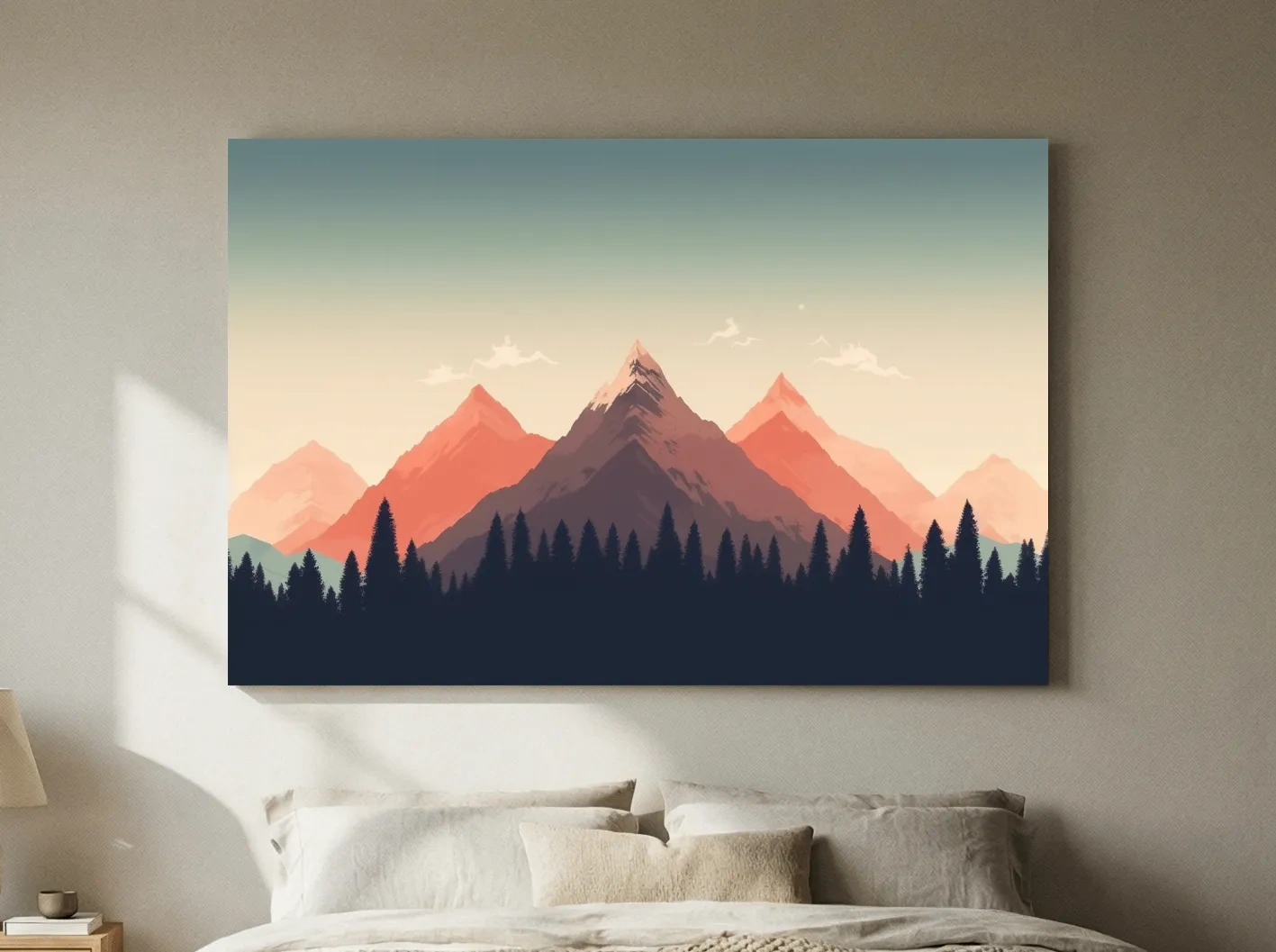 Minimalist Alpine Mountain Sunrise Artwork - Modern Scandinavian Forest Wall Art