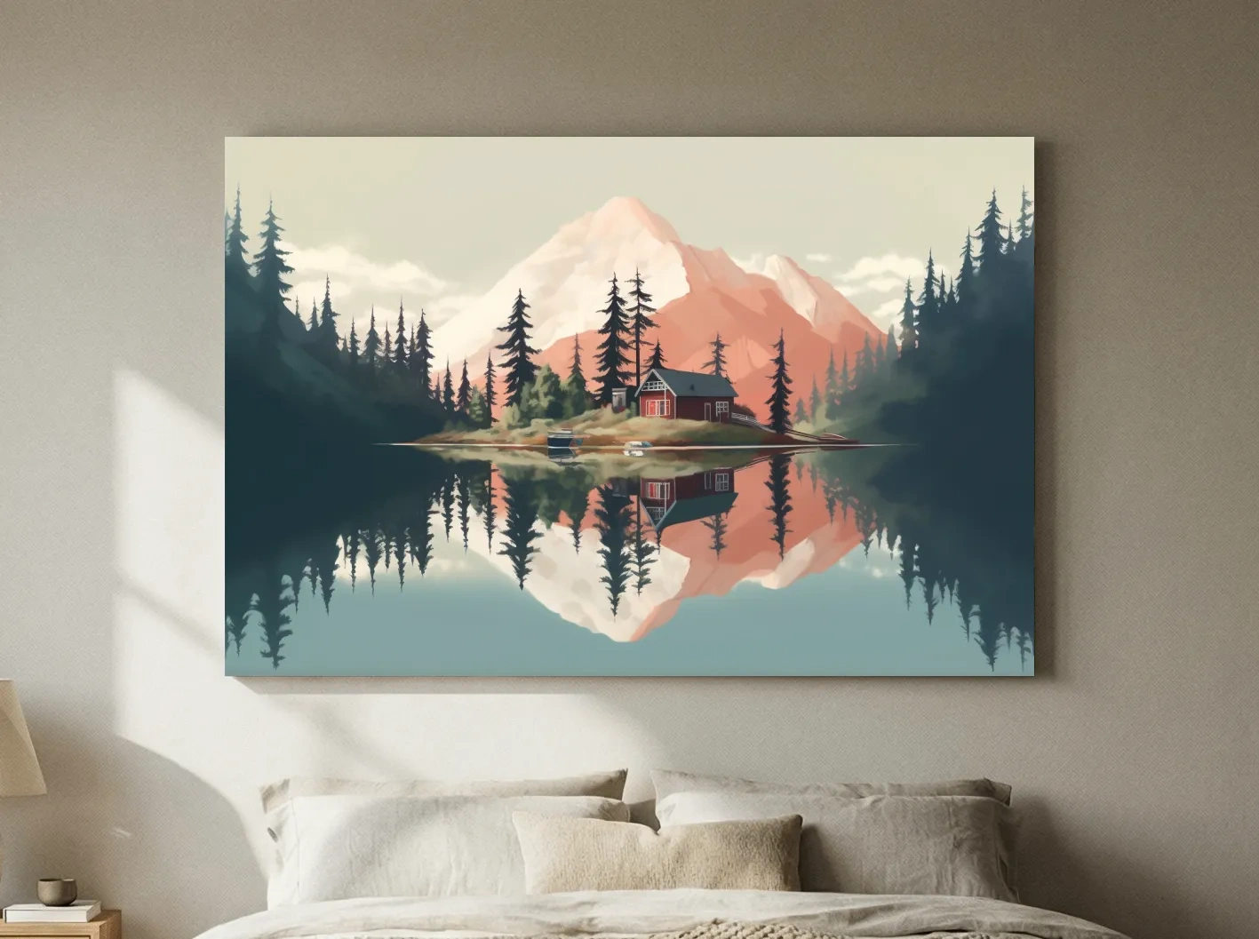 Serene Alpine Lake Cabin Artwork - Minimalist Mountain Landscape Wall Art
