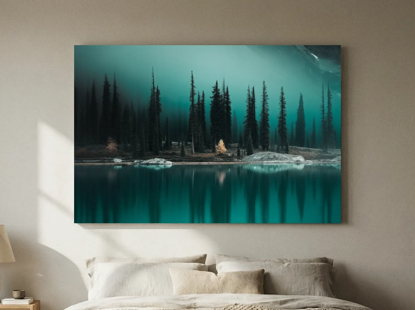 Misty Pine Forest Turquoise Alpine Lake - Serene Mountain Landscape Wall Art