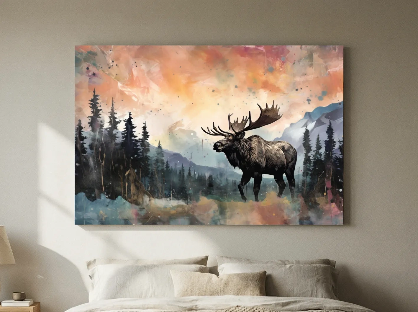 Watercolor Moose In Misty Mountain Forest - Rustic Wildlife Wall Art