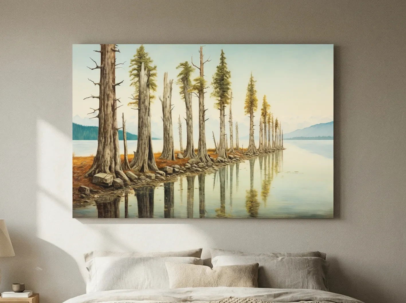 Serene Lakeside Pine Forest Reflections - Watercolor Landscape Wall Art