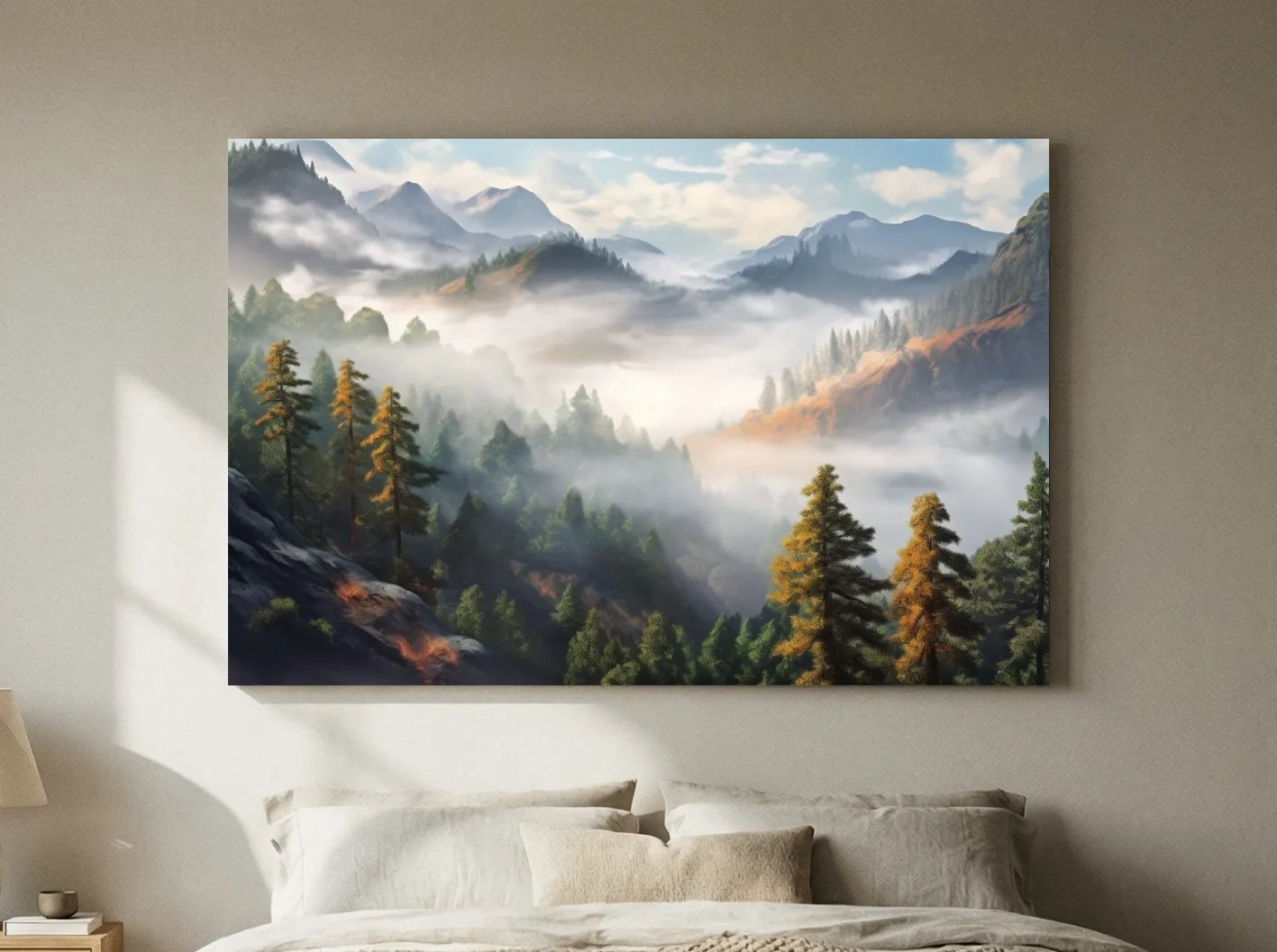 Painting of fog rolling through the trees and mountains