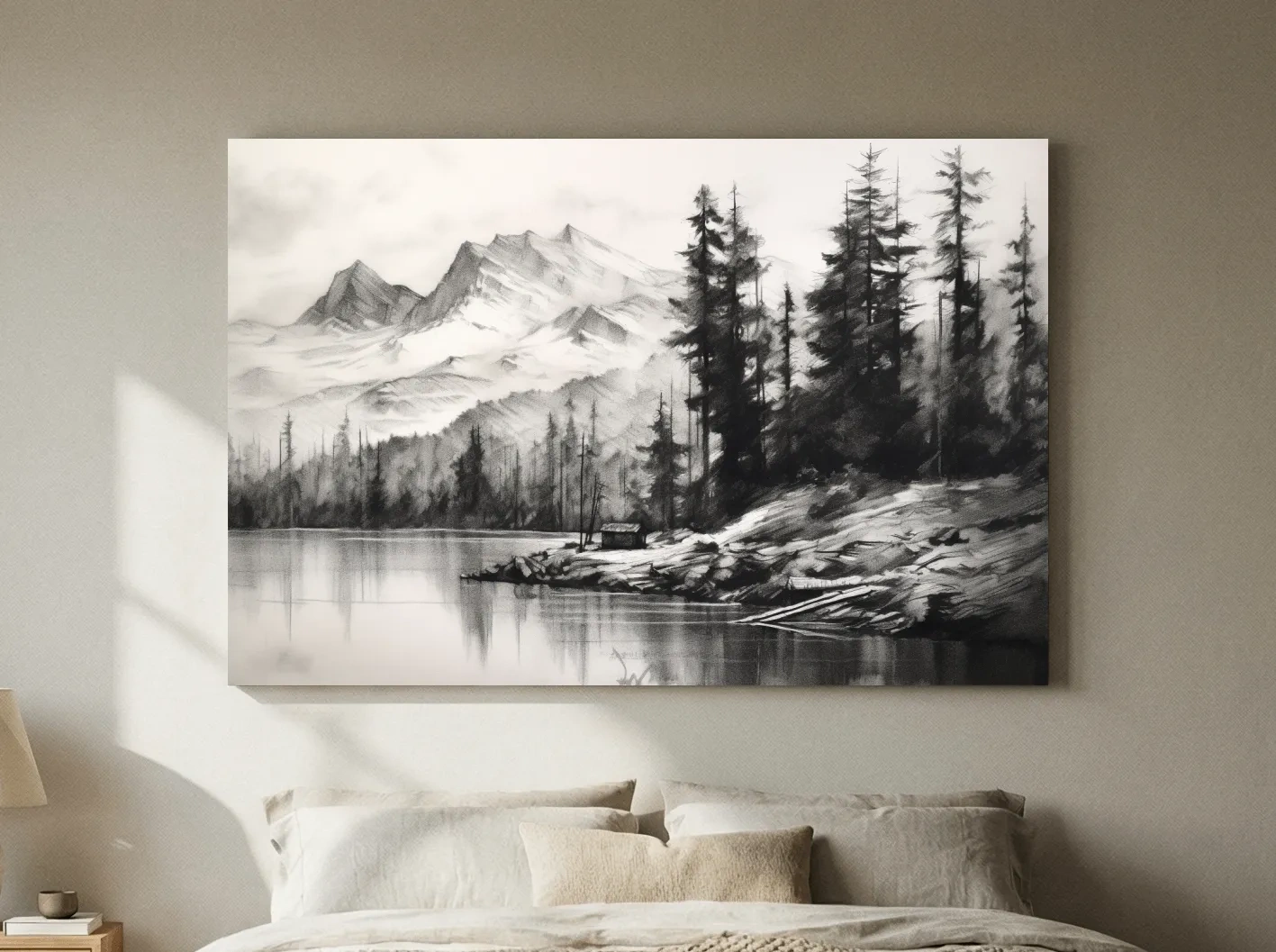 Monochrome Mountain Lake Charcoal Sketch - Pine Forest Landscape Wall Art