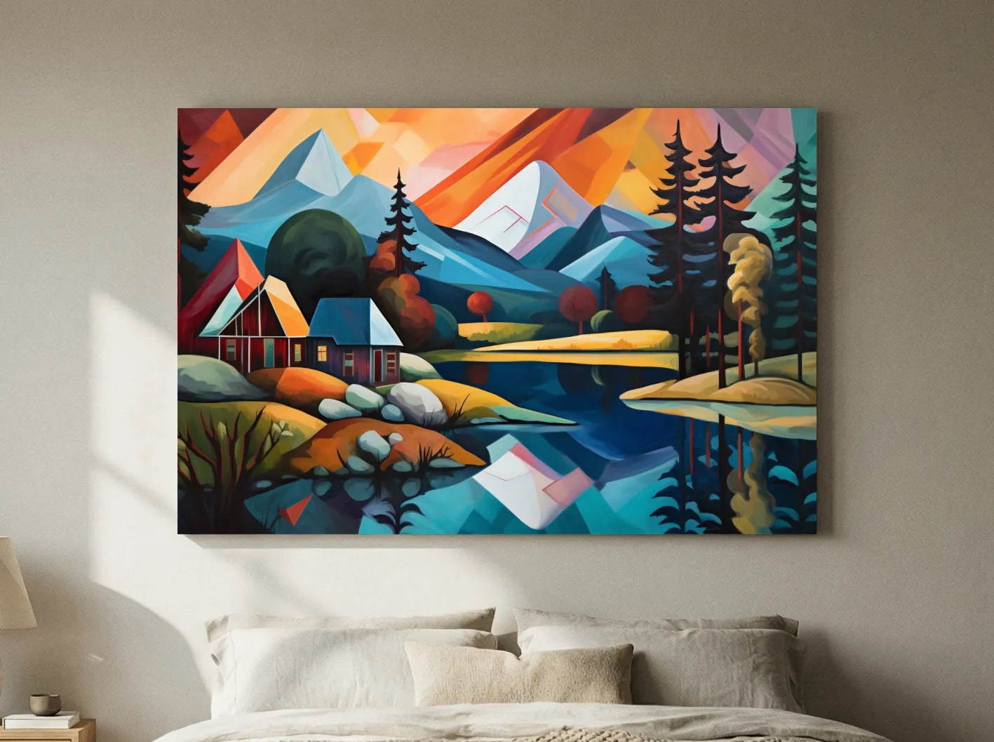 Vibrant Geometric Mountain Lake Cabin Oil Painting - Modern Abstract Wall Art