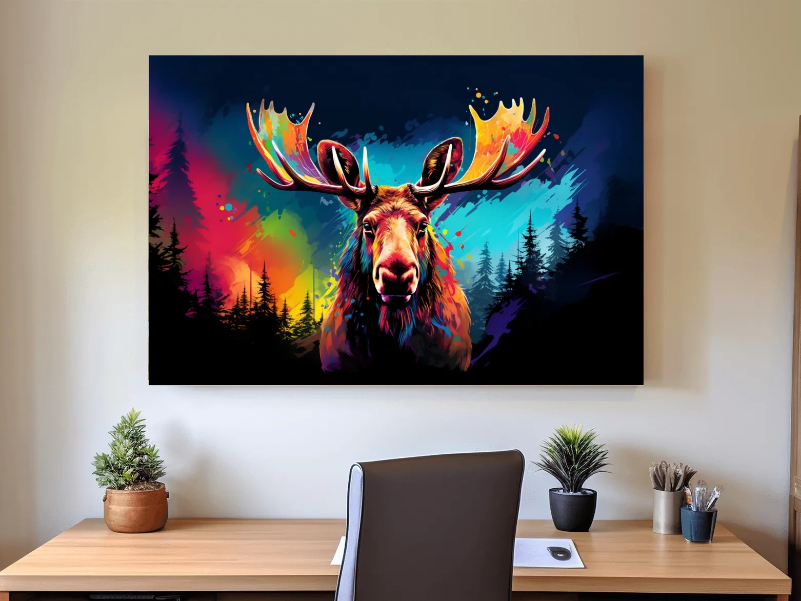 Vibrant Abstract Retro Moose Portrait - Colorful Splash Paint Wildlife Wall Art