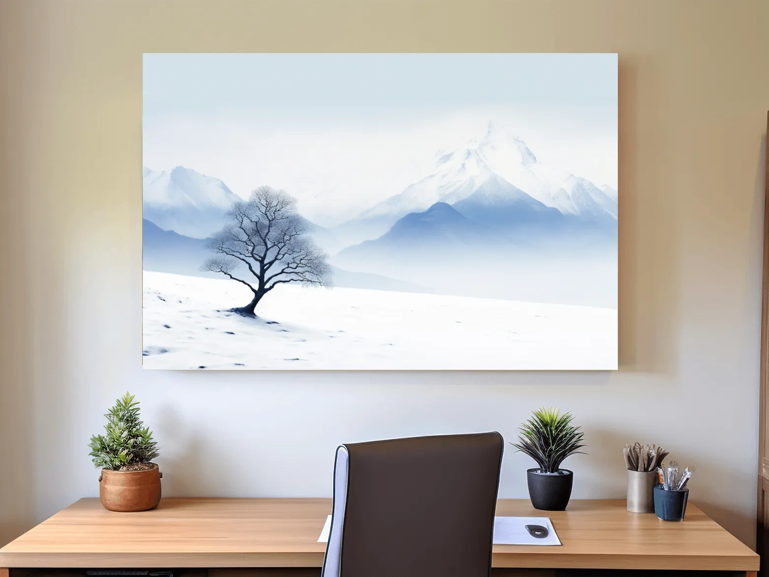 Minimalist Snowy Mountain Landscape With Lone Tree - Serene Winter Painting Wall Art