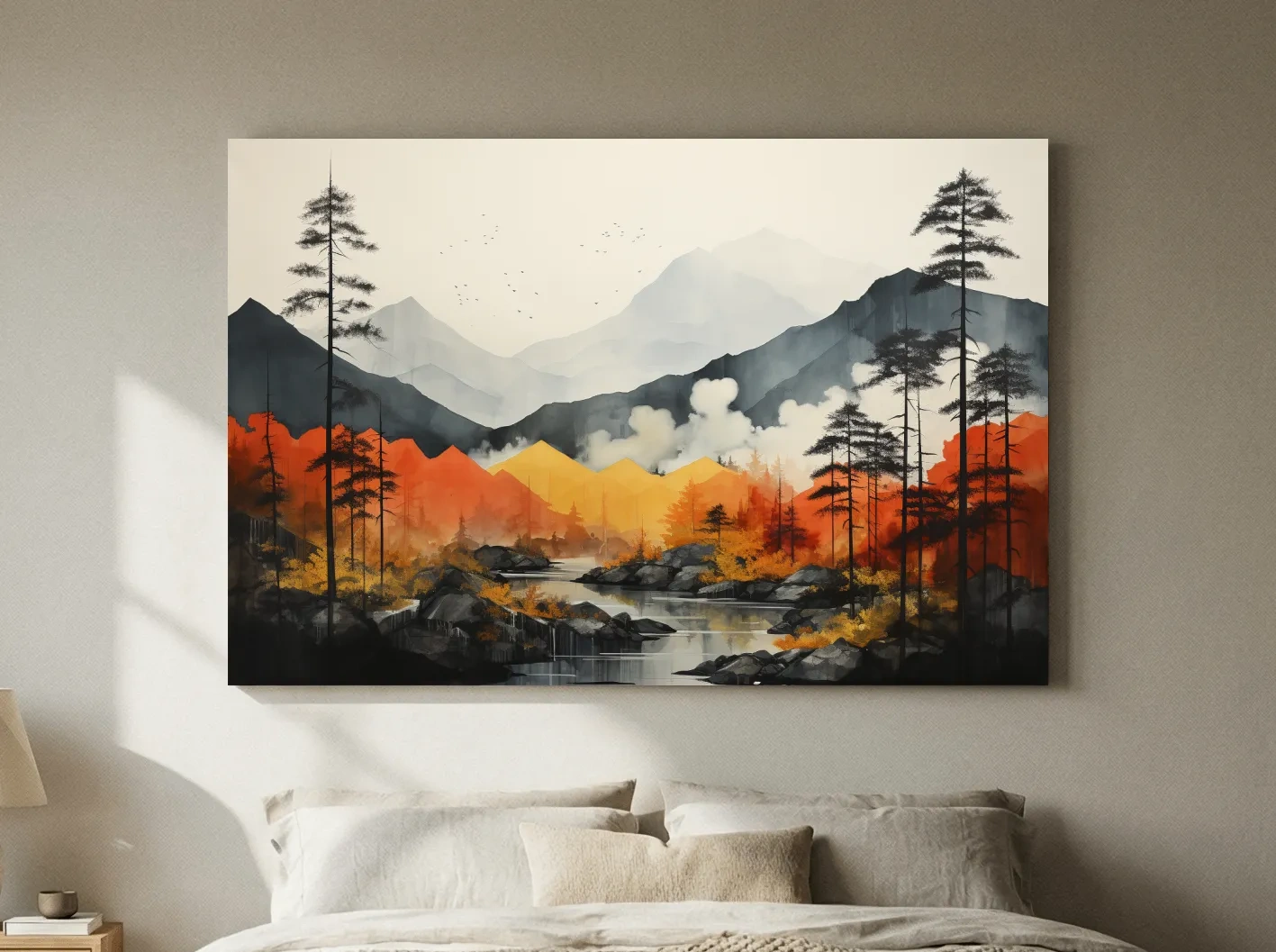 Surreal Mountain Lake Landscape - Autumn Forest Watercolor Wall Art