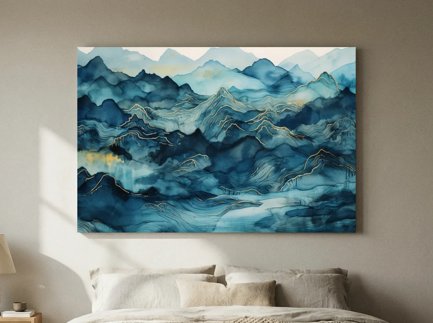Watercolor Mountain Range With Gold Linework - Abstract Landscape Wall Art