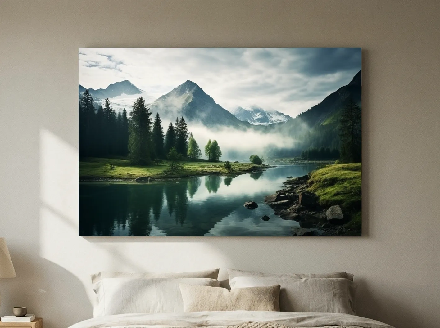 Misty Alpine Lake Reflection Landscape - Mountain Forest Photographic Wall Art