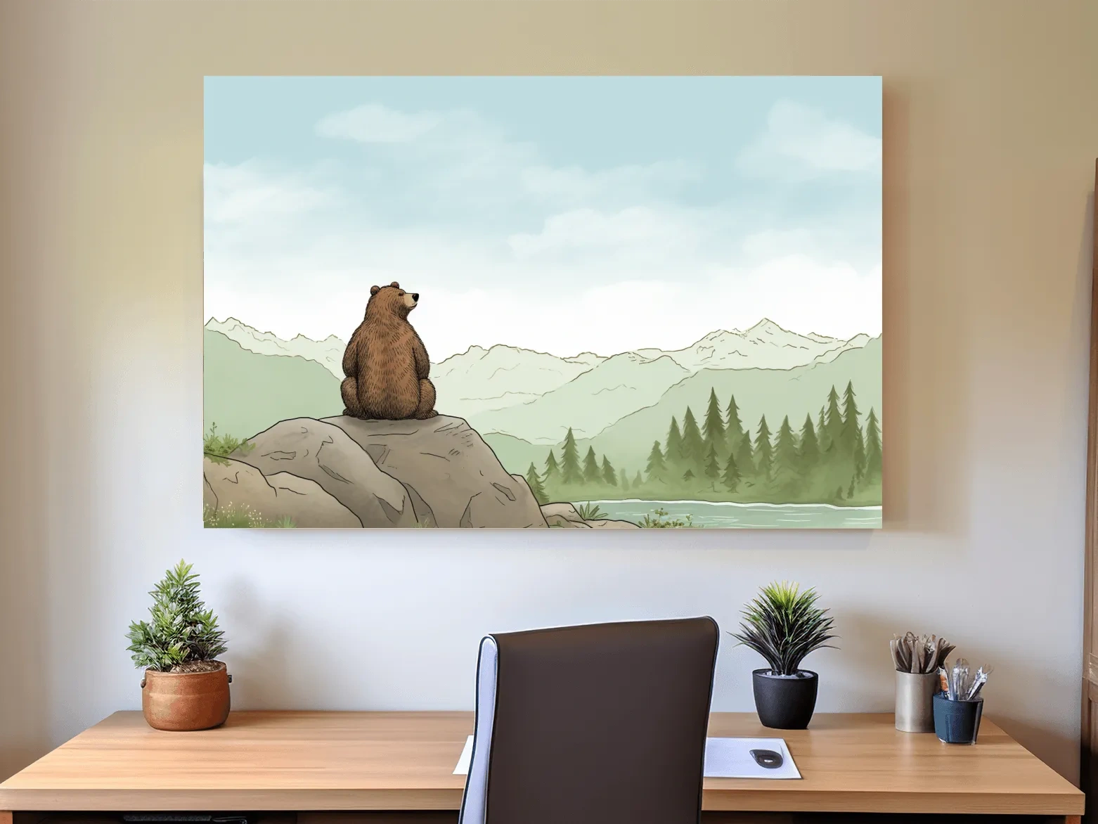 Illustration of a bear chilling on a rock, nursery artwork