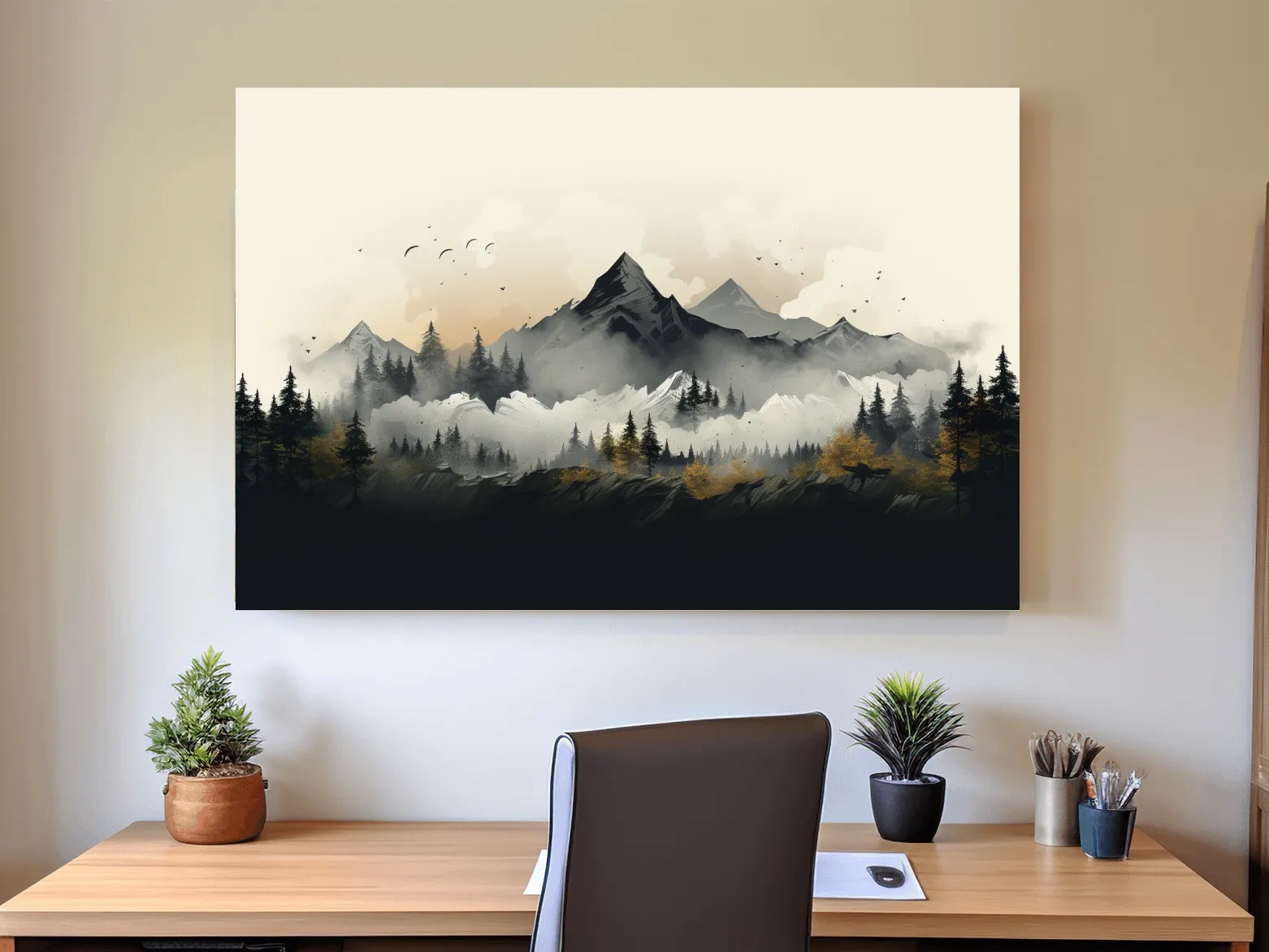 Illustration of treelined mountains