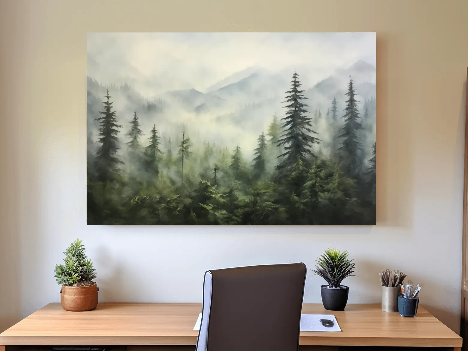 Misty Evergreen Forest Mountains Watercolor - Serene Foggy Landscape Artwork