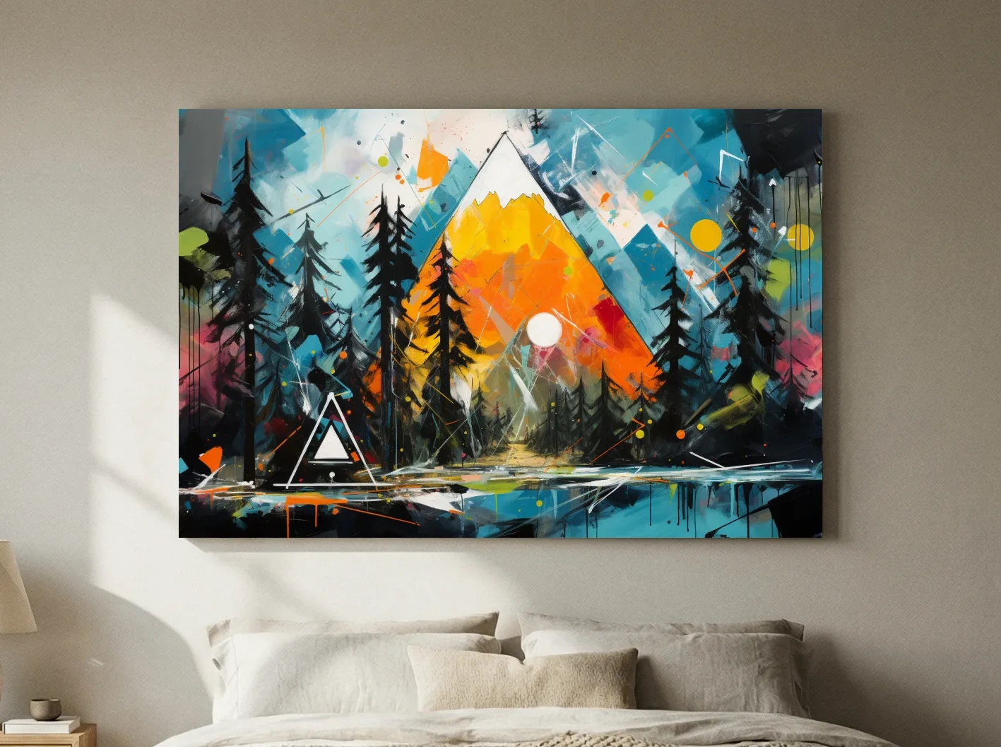 Vibrant Abstract Mountain Sunrise With Pine Forest - Energetic Landscape Wall Art