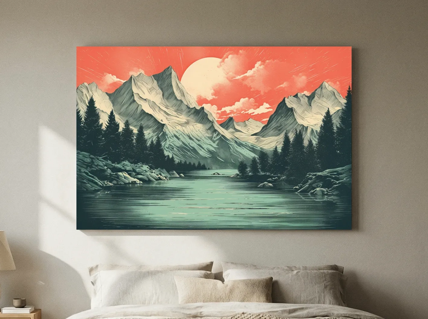 Risograph style illustration of an alpine lake at sunset