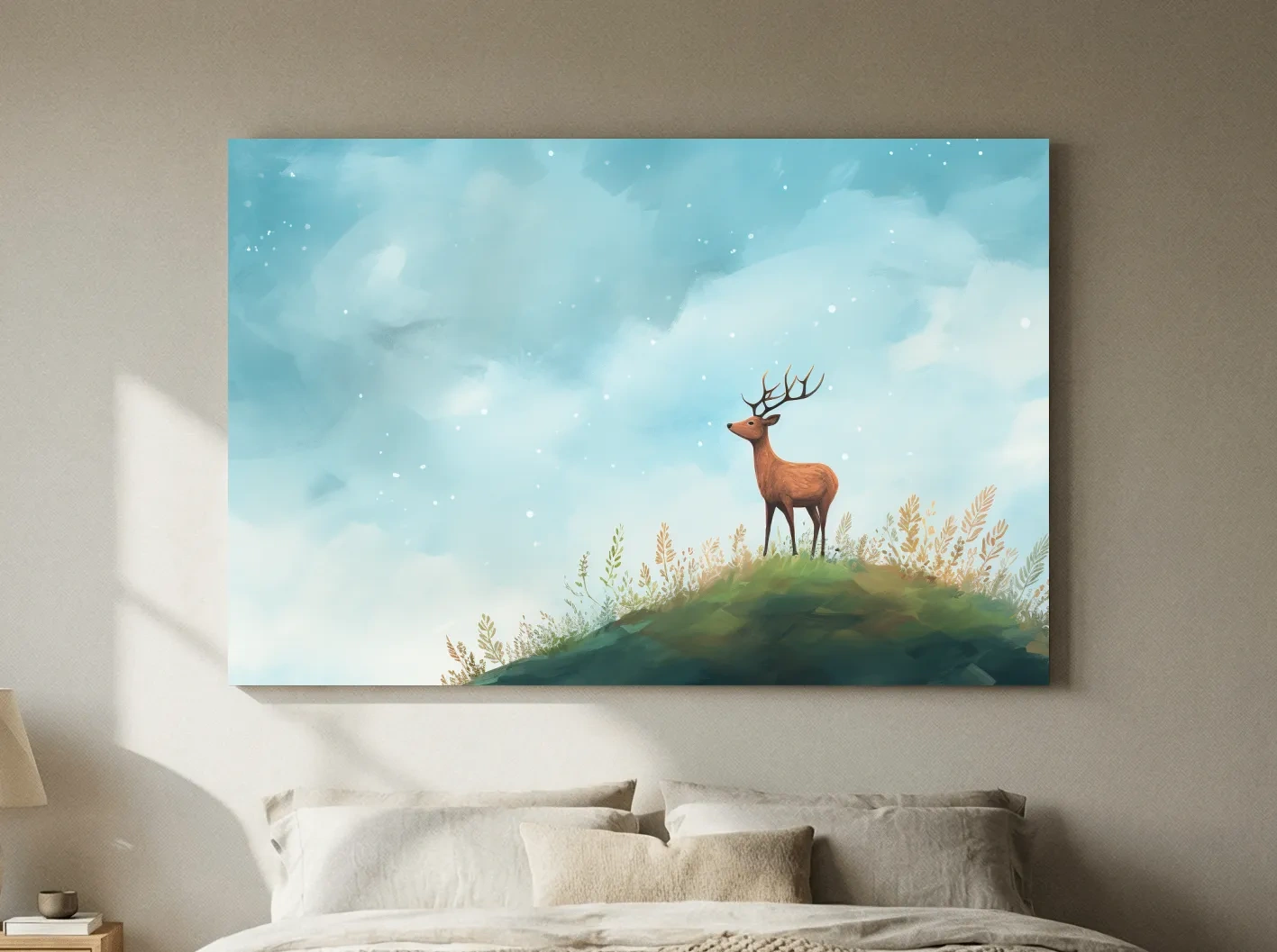Whimsical Watercolor Stag On Meadow Hill - Nursery Woodland Wildlife Wall Art