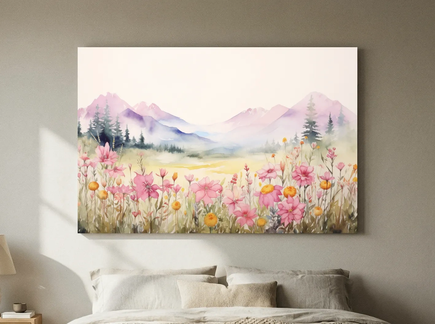 Pastel Wildflower Meadow Mountains Watercolor - Serene Alpine Wall Art