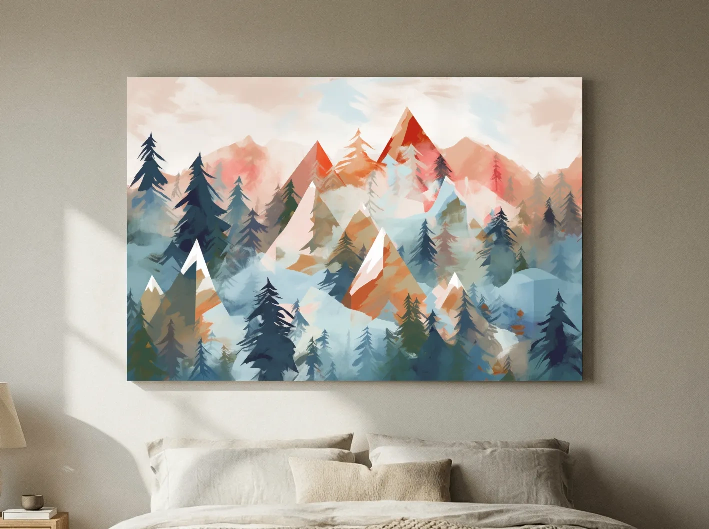 Abstract Watercolor Alpine Mountains And Pine Forest - Modern Geometric Landscape Wall Art