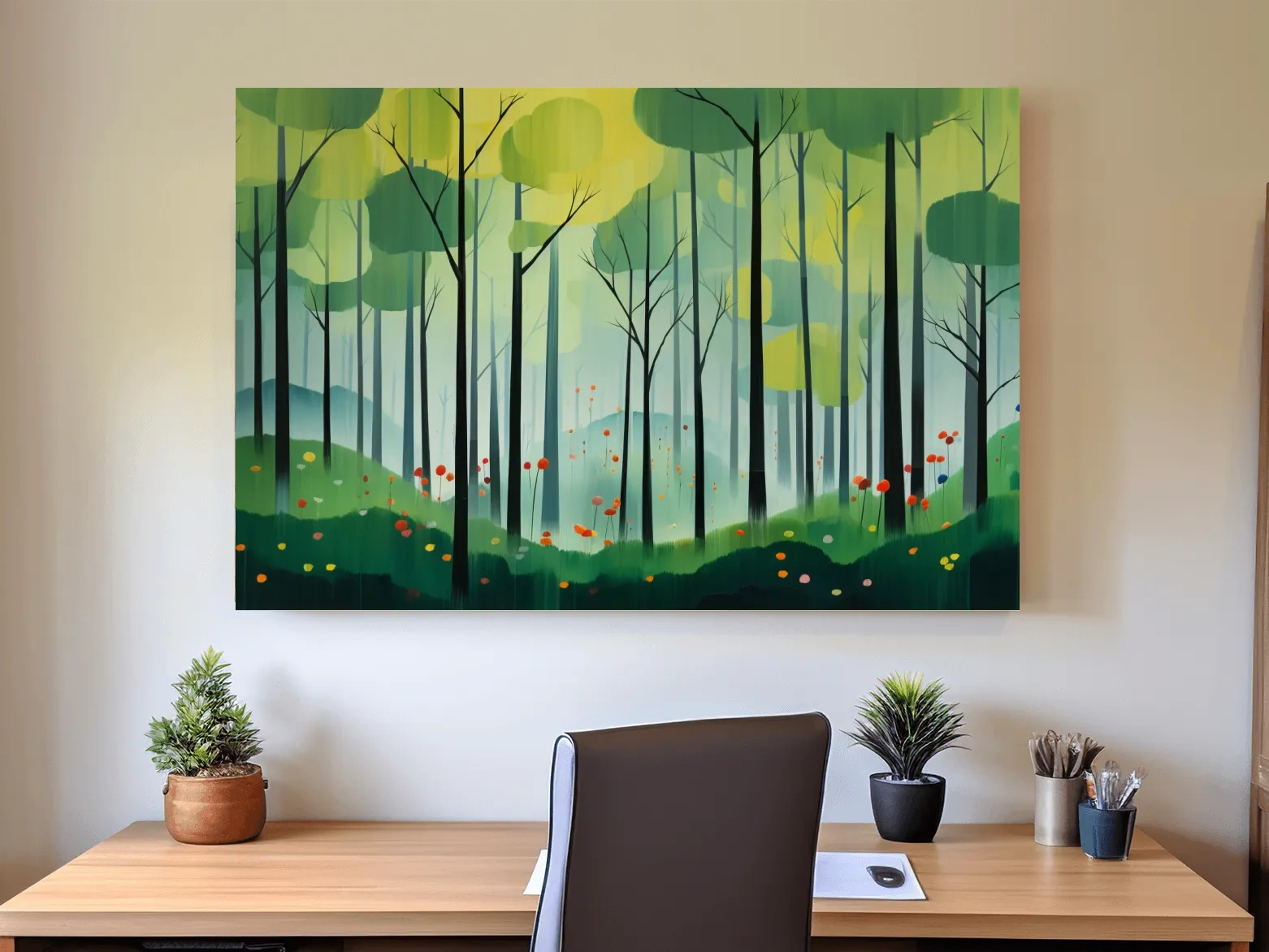 Painting of a bright green forest