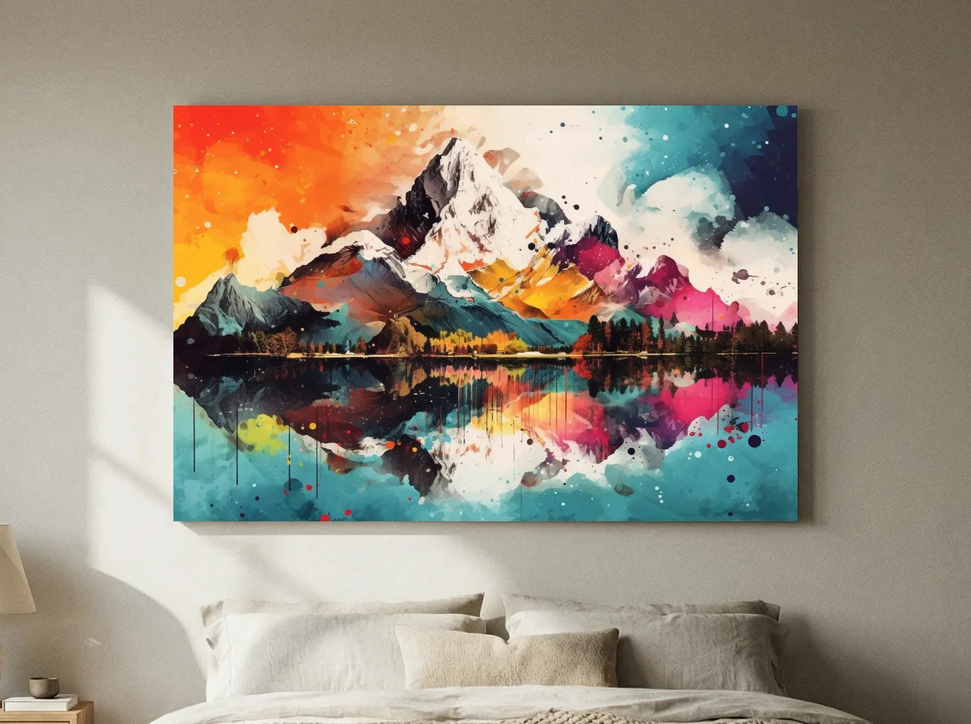 Vibrant Abstract Mountain Lake Collage Artwork - Colorful Watercolor Splash Wall Art