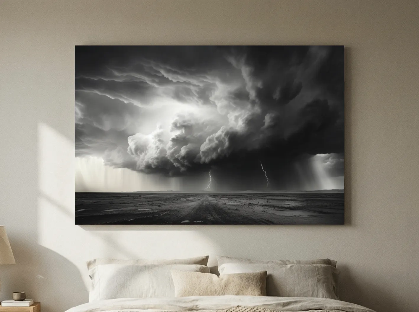 Moody Monochrome Thunderstorm Lightning Landscape - Dramatic Storm Cloud Wall Art