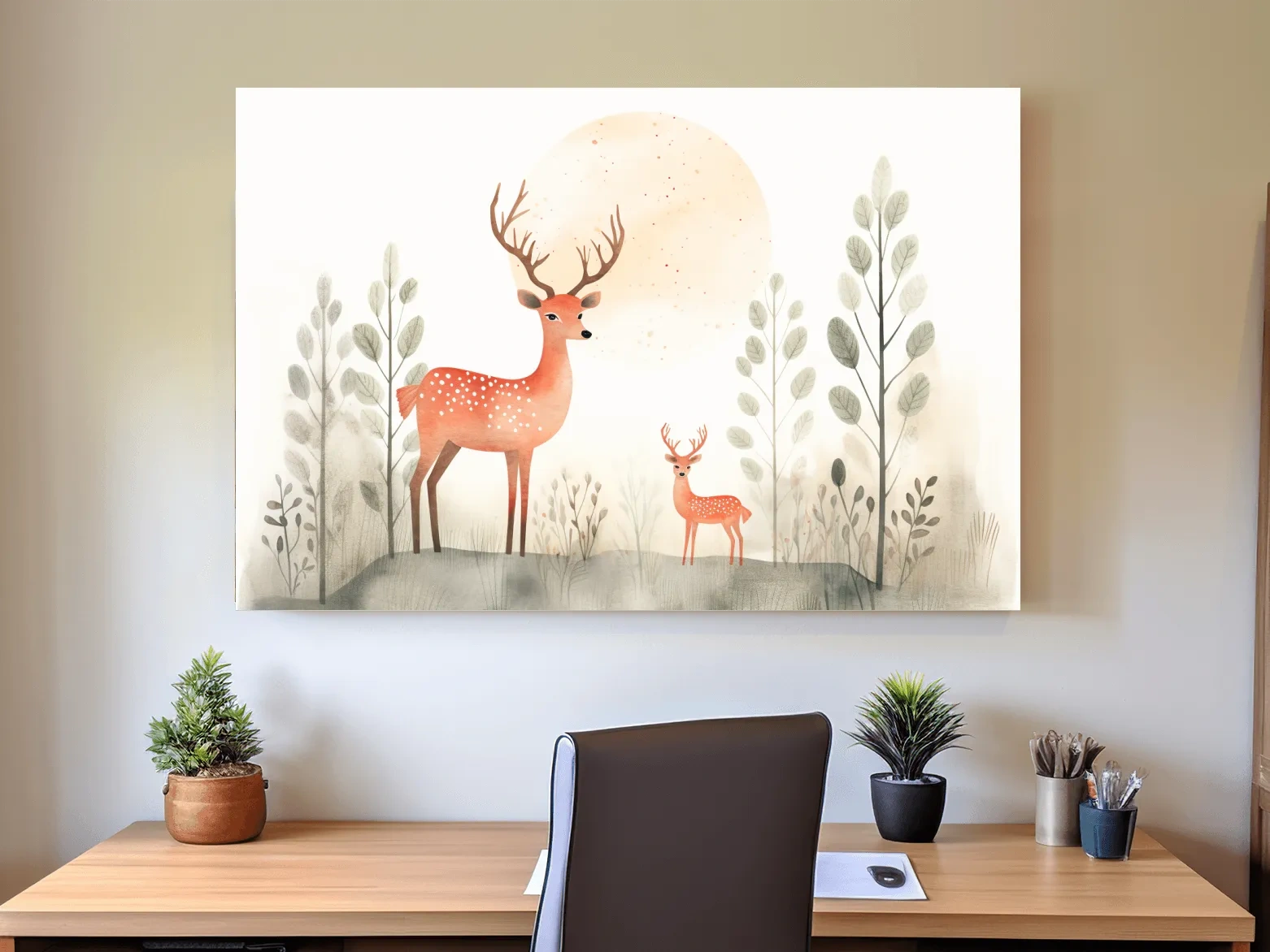 Storybook childrens illustration art, cute deer family in the forest, nursery wall art