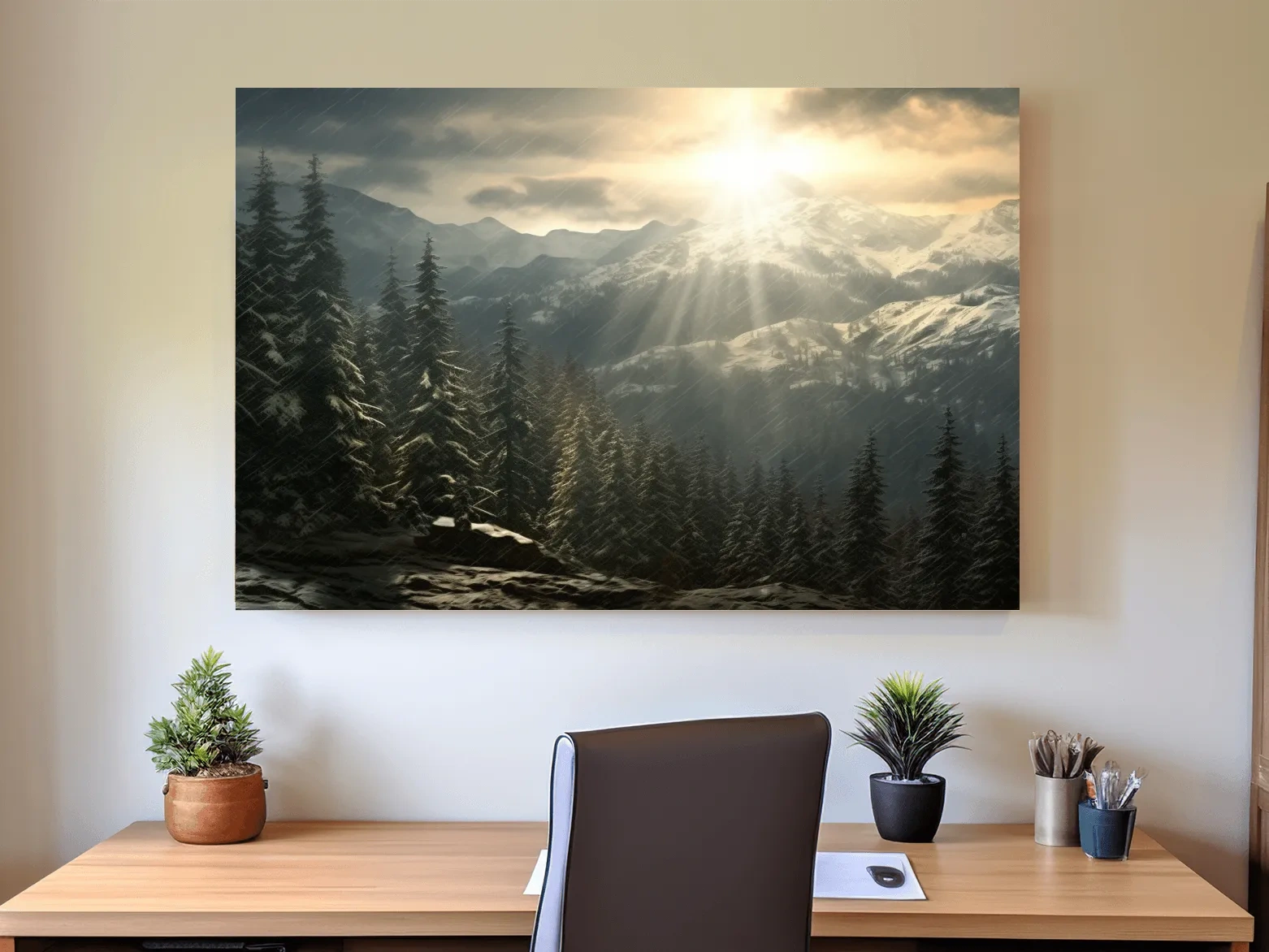 Mountain Snowstorm Sunrise Over Pine Forest - Dramatic Winter Landscape Artwork