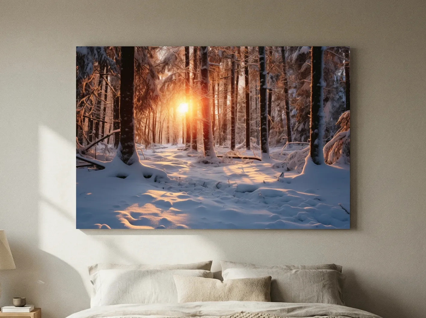 Golden Winter Sunrise Snowy Forest - Serene Nature Landscape Wall Art