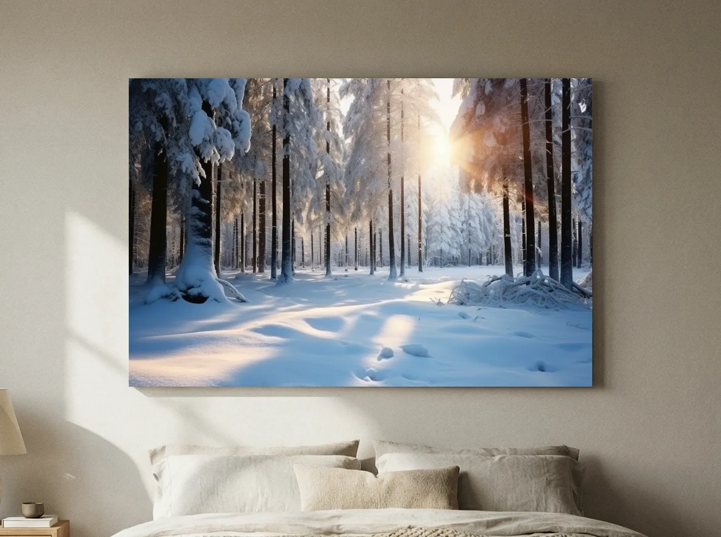 Sunlit Snowy Pine Forest Landscape - Serene Winter Nature Wall Art