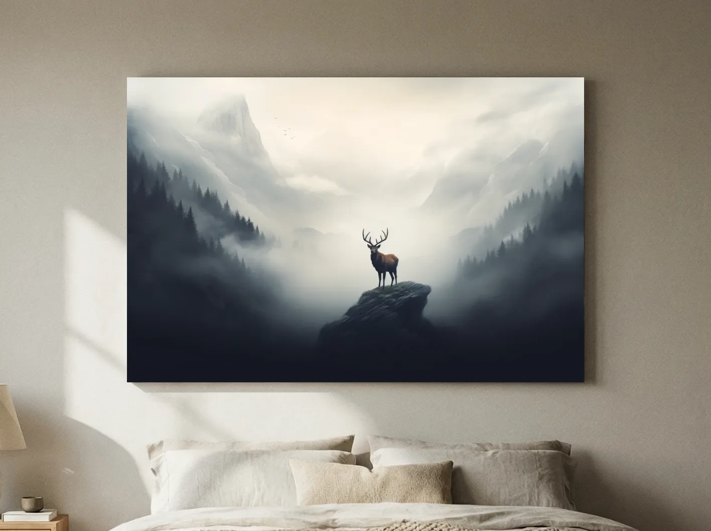 Majestic Stag On Rocky Peak - Misty Mountain Forest Wall Art
