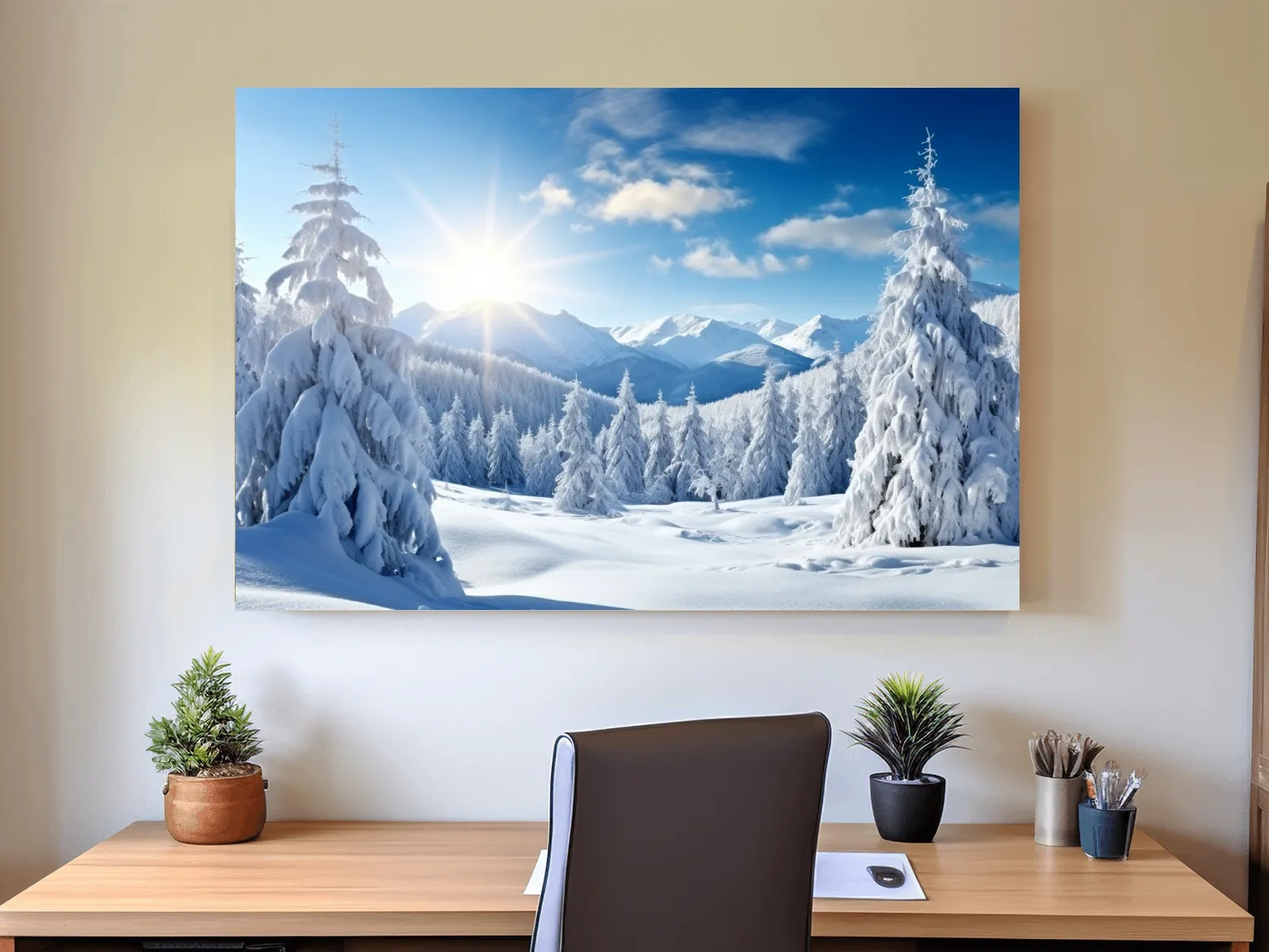 Photograph of a snow covered forest and a clear blue sunny sky