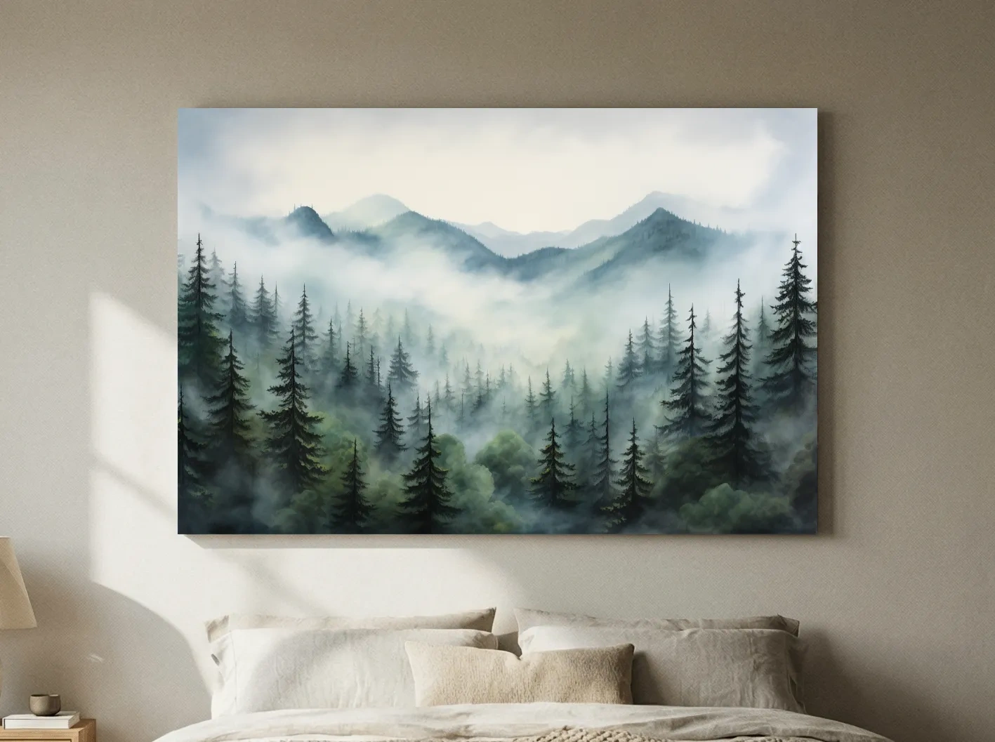 Misty Alpine Forest Painting - Foggy Mountain Landscape Art